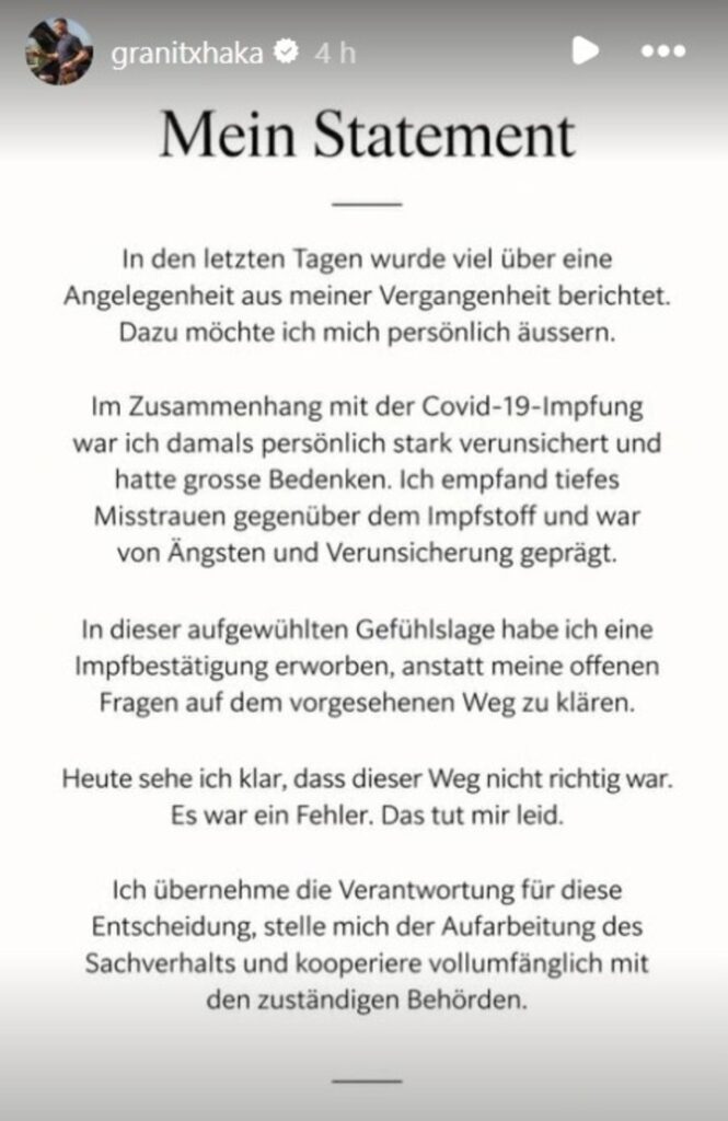 El comunicado de Xhaka en sus redes sociales.