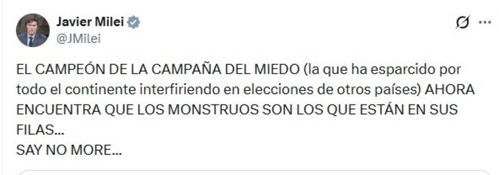 El posteo de Milei contra Lula da Silva.