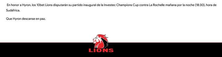 Confirmación del partido por parte de los Lions.