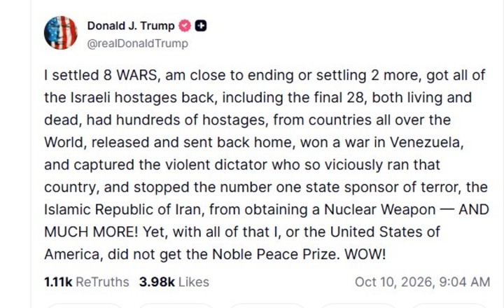 Trump contra el Premio Nobel de la Paz.