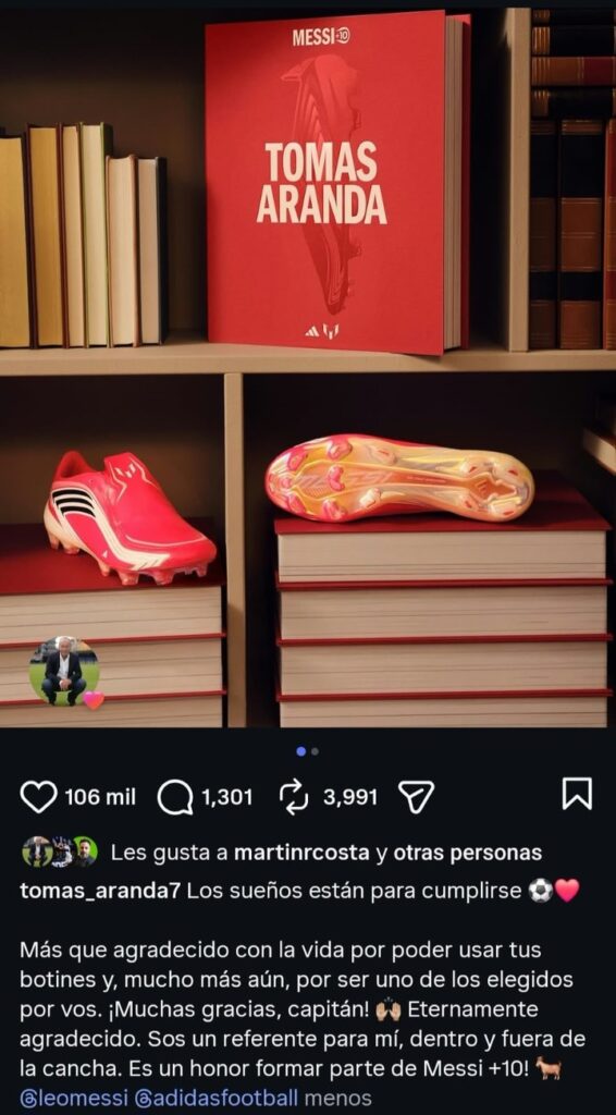 El agradecimiento de Tomás Aranda para Messi en sus redes.